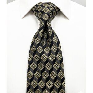 Valentino Silk Tie Italy Designer Geometric Diamond Medallion Black Gold Luxury